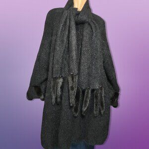 Vintage 80s 90s Raffinati Swing Coat Size M Black Mohair Wool Mink Tail Trim